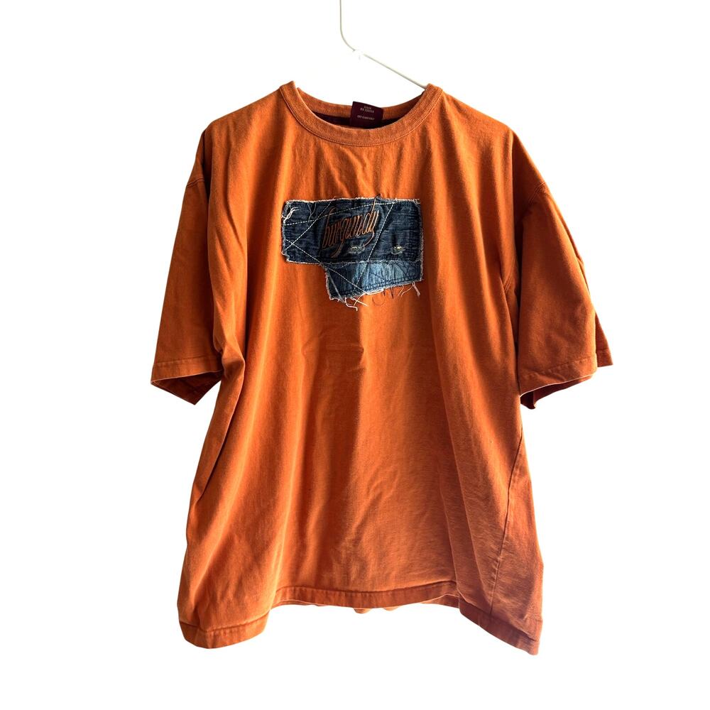 Burgundy Brand T Shirt Orange Crew Neck Short Sleeve Casual Mens XL Denim Patch
